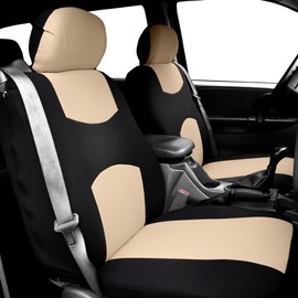 FH Group Three Row 7 Seater - All Purpose Flat Cloth Built-in Seat Belt Car Seat Cover - Universal Fit for Cars Trucks & SUVs Beige/Black