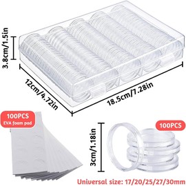 JJQHYC Pack of 100 Coin Capsules 25/27/30 mm Transparent Coin Capsules Coin Holder Coin Collection Storage Box with Seal Foam Rings