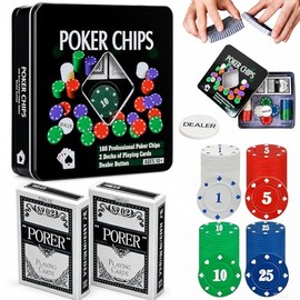 Fichas Poker Profesional, 2 Barajas de Poker y 100 fichas, Fichas de Poker con denominación, Juego de Poker con fichas Caja, Adecuado para familias, Fiestas, Texas Hold'em, Blackjack