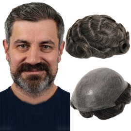 BEEOS 0.03mm Thinnest Skin Toupee Hair for Men, V-looped No Knots 8x10 Inch Transparent 03 PU Base Mens Hair Piece No Shed, Natural Black with 40% Grey Mens Wig #1B40