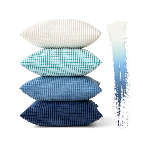 MIULEE Set of 4 Corduroy Cushion Covers, Decorative Cushion Cover, Sofa Cushion Cover for Living Room, Bedroom, Office, 45 x 45 cm, Blue Series