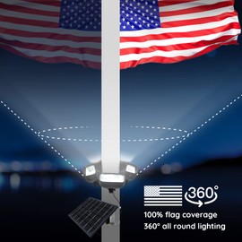Solar Flag Pole Light for 15-40ft flagpole 5 Super-Spotlights 12000 MHA，Adjustable Clamps Fits 3-6''Diameter Inground Poles Flag Poles Coverage-Light Up American Flag Outdoor with from Dusk to Dawn