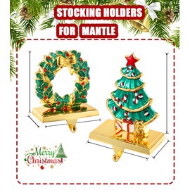 Christmas Tree Stocking Holders for Mantel ,Christmas Wreath Stocking Hangers for Fireplace Mantel Weighted Stocking Hooks Metal Tree Stocking Holder Stand for Christmas Decoration (Gold Tree Set)