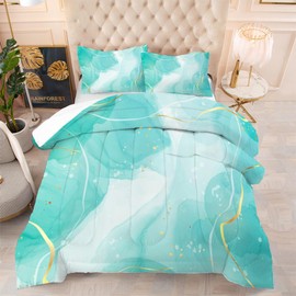 EDGZKO Teal Comforter Set Full: Blue Green Marble Bedding Sets for Teen Girls Kids Aqua Teal and Gold Abstract Marbling Quilts Mint Green Bed Set 1 Comforter & 2 Pillowcases