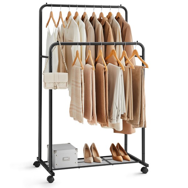 SONGMICS Double-Rod Clothes Rack with Wheels, Metal Clothing Rack for Hanging Clothes, Garment Rack with Mesh Shelf, Each Rod Holds up to 66 lb, for Bags, Shoes, Storage Boxes, Black UHSR26BKV1