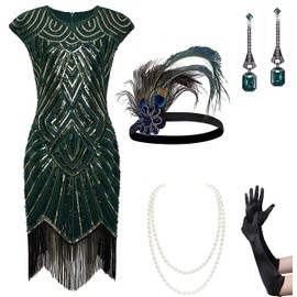 BABEYOND 1920s Flapper Dresses Set 20s Great Gatsby Dress 1920s Fringed Dress with Accessories Set