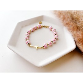 Cross Bracelet for Women,Jesus Christian Gifts Gold Beaded Dainty Link Chain Bracelet Adjustable Pink Porclain Flower Ceramic Bracelet Heart Vintage Jewelry for Her(Pink)