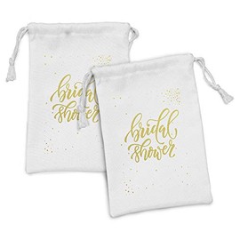 Ambesonne Bridal Shower Fabric Pouch Set of 2, Hand Written Sketch Design Ivy Lettering Bride Party with Dots Image, Small Drawstring Bag for Toiletries Masks and Favors, 9" x 6", Yellow and White