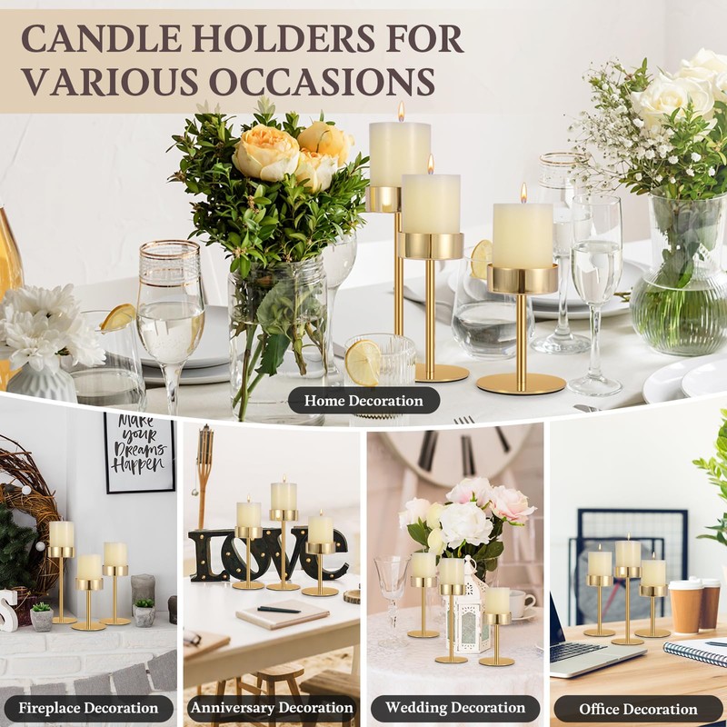 Pillar Candle Holders Set of 3, 3.15" Diameter Gold Candlestick
