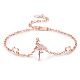 TANGPOET Flamingo Bracelet Gifts for Women 925 Sterling Silver Flamingo Charm Bracelet Rose Gold Plated Heart Flamingo Jewelry for Mom Daughter