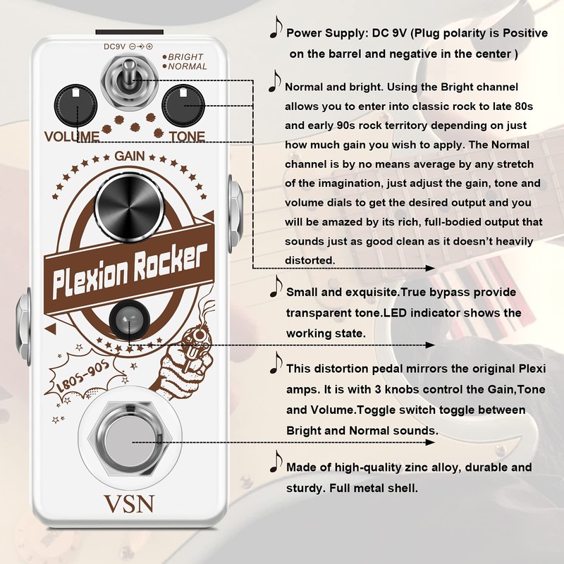 VSN Distortion Pedal Plexion Effect Pedal for Guitar Bass Distortion