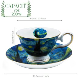 AOTELIDA Floral Tea Cups Saucers Set of 2, Bone China 7 oz British Teacups Porcelain Van Gogh Coffee Cup for Rose Tea Cappuccino Espresso Latte (Starry Sky & Starry Sky)