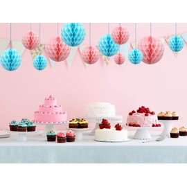 ZYOOO 12 Pieces Tissue Paper Honeycomb Balls Blue and Pink Gender Reveal Boy or Girl Decoration Kit, Paper Pompom Set 2 Colors of 15.3 cm, 25.4 cm