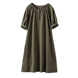 Minibee Women's Cotton Linen Dress Short Sleeve Midi Casual Tunic Dress with Pockets (2XL, Army Green)