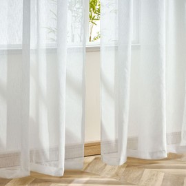 Topfinel Lace Curtains, Width 39.4 x Length 69.3 inches (100 cm) x Length 69.3 inches (176 cm), Set of 2, White, UV Protection, Semi-Shielded Image, Heat Insulation, Energy Saving, Scandinavia, Cotton Linen Texture, Stylish, Cute, Plain, Washable