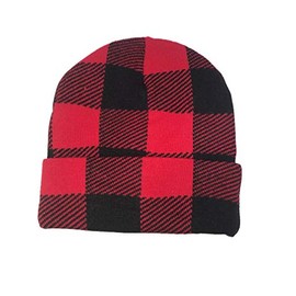 Red Black Buffalo Plaid Flannel Look Cuffed Long Winter Watch Stocking Cap Hat