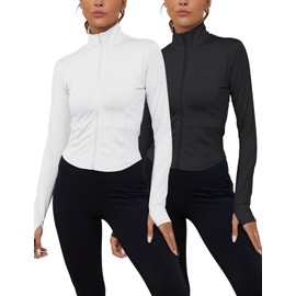 Gihuo Women's 2 Pack Athletic Yoga Jacket Cropped Full Zip Jackets Long Sleeve Lightweight Workout Tops with Thumb Holes(Black+White-L)