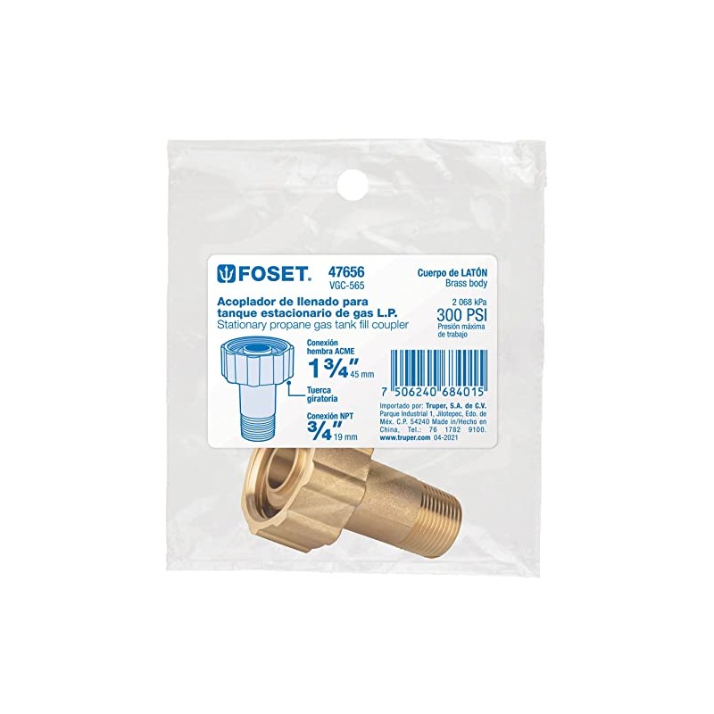 Foset VGC-565, Acoplador llenado para tanque estacionario, ACME 1-3/4x3/4" NPT