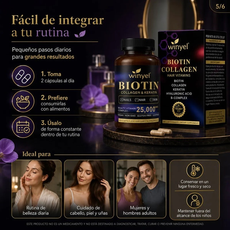 Biotina 25000 Mcg Cabello Piel Uñas 60 Cápsulas Veganas