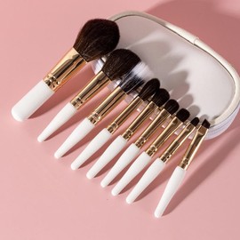 Travel Makeup Brush Set, 9 Piece Mini Size with White Loose Powder, Eyeshadow Brushes, Wooden Handles, Portable Beauty Tools for Makeup