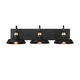 Globe Electric 63000199 24" 3-Light Vanity Light, Matte Black, Brass Accents, Exposed Bulb, Bathroom/Makeup Mirror, Wall Light