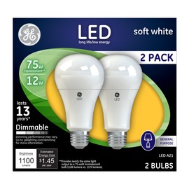 GE Dimmable LED Light Bulbs, A21 General Purpose (75 Watt Replacement LED Light Bulbs), 1100 Lumen, Medium Base Light Bulbs, Soft White, 2-Pack LED Bulbs