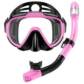 EMSINA Dry Snorkel Set,Panoramic Wide View,Anti-Fog Scuba Diving Mask,Professional Snorkeling Gear(2Set Pink Black)