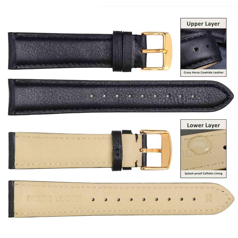 WOCCI 17mm Vintage Leather Watch Strap with Gold Buckle, Replacement