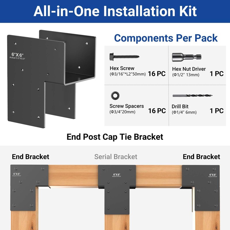 2-Pack 6x6 End Post Cap Tie Brackets (Actual 5.5"), Ultra-Heavy