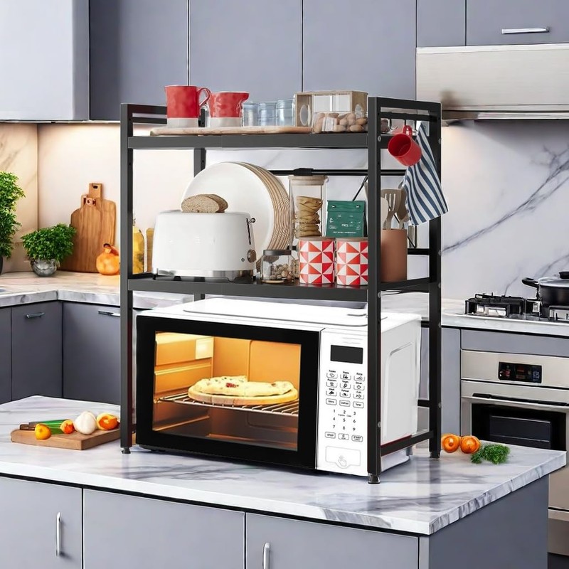 Henmeili Adjustable Expandable Microwave Oven Rack with 6 Hooks –