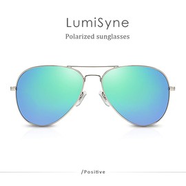 LumiSyne Fashion Polarised Sunglasses for Men Women Retro Aviator Glasses UV 400 Protection Mirrored Lens Metal Frame for Driving Travel, Silver frame + blue green lens