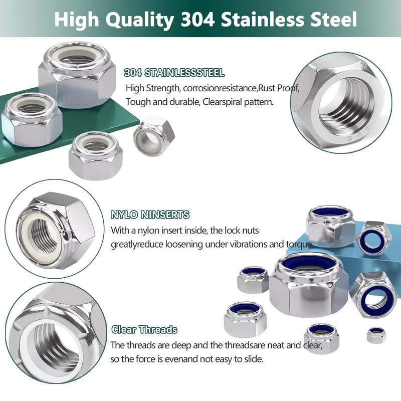 750PCS SAE & Metric Nylon Insert Lock Nuts Kit, 304