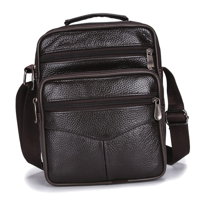 Business Shoulder Bag Black Cowhide Metal Zippers Large Capacity Business