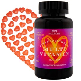 Hallingers Multi Vitamin Herz - Vitaminherzen 60 vegane Gummies Vitamin A C D E B6 B12 Folsäure Biotin Panthotensäure Zink Iod (Dose) - Ostergeschenke Osterkörbchen Ostereier & als Osterdeko | Geburts