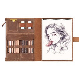 Fasjosma Handmade Crazy Horse Leather Sketchbook Cover for A5 5.5"x8.5" Notebooks, Artist Sketch Pad Case with 4 Pen Slots, Portfolio Organizer for Art Supplies (Brown, 9“ x 12 ")