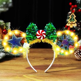 CAKURE Light Up Christmas Headband Led Mouse Ear Headbands Glitter Xmas Bow Headpiece Holiday Christmas Hair Accessories for Women and Girls (c-Green Bow, one size)