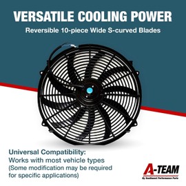 A-Team Performance 16" Electric Radiator Cooling Fan Wide S-Curved 10 Blades Thermostat Kit 3000 CFM Reversible Push or Pull with Mounting Kit - 12 Volts Radiator Fan