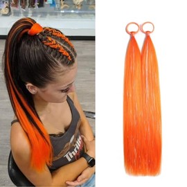 Orange Ponytail Tinsel Extensions for Women Girls Hair Accessories Braiding Synthetic Hair Pieces With Rubber Band Pony tail Festival Halloween Party 
