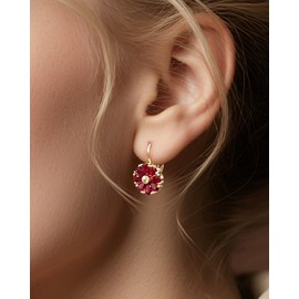 Gold Flower July Birthstone Leverback Earrings Hypoallergenic Red Ruby Earrings for Women Trendy