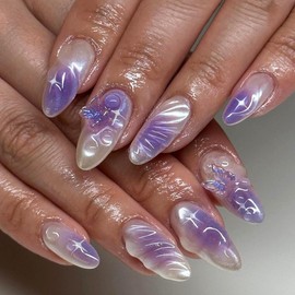 DOCVOEOMH Press on Nails Short Medium Almond 3D Ombre Purple Butterfly Acrylic Fake Nails with 3D Design Glue on Glossy Full Cover Artificial Gel False Stick on Nail for Girls Women Wedding 24Pcs