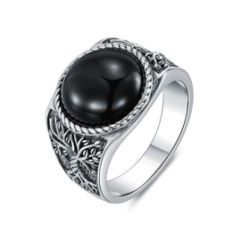 QKABTI Men's Tree of Life Ring, Sterling Silver Round Black Onyx Vintage Band, Mystic Symbolism Jewelry Gift for Men (Size 8)