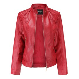 Women's Trendy Faux Leather Jacket Moto Short Jacket Fashion PU Jacket Coat (L, Red)