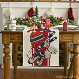 Artoid Mode Red Sleigh Snowboarding Christmas Table Runner, Seasonal Winter Holiday Kitchen Dining Table Decoration for Indoor Outdoor Home Party Decor 13 x 36 Inch