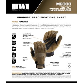 HWI Gear MG300 Tac-Tex Mechanic's Glove Knuckle Protection Touchscreen Compatible Unlined Blunt-Force, Federal, Shooting, Touchscreen Coyote Brown XL