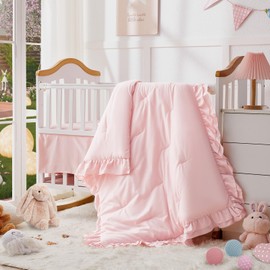 Wowelife Boho Crib Bedding Set for Girls, 3 Piece Tufted Jacquard Ruffle Fringe Baby Girl Crib Bedding Set Newborn, Infant & Nursery with Comforter, Crib Fitted Sheet and Crib Skirt, Pink