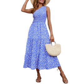 BTFBM Women Sleeveless Casual Dresses Summer Clothes One Shoulder Smocked High Waist Floral Flowy Long Beach Sun Dress(Floral Blue White, Medium)