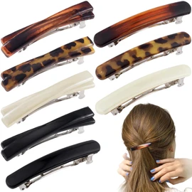 STSTR 8PCS French Barrette Hair Clips for Women, 2 Styles Small Tortoise Shell Hair Clip, Curved Glossy Thin Flat Hairstyles Accessories for Women (Black, White, Leopard Color, Amber)