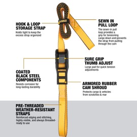 DEWALT DXBC90045 Black/Yellow 1" x 10’ Premium Lashing Straps - 500 LBS Safe Working Load / 1,500 LBS Break Strength, 2 Pack