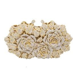 DEBIMY Rose Flower Crystal Purses Sparkly Rhinestone Evening Clutch for Women Wedding Party Cocktail Handbags, Gold Silver B