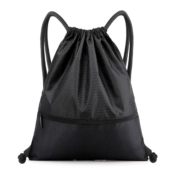 Drawstring Backpack Bag, Waterproof Draw String Back Sack with Zip Pocket, Gym Drawstring Bags Swim Bag for Men Women (Black, Upgraded) One Size